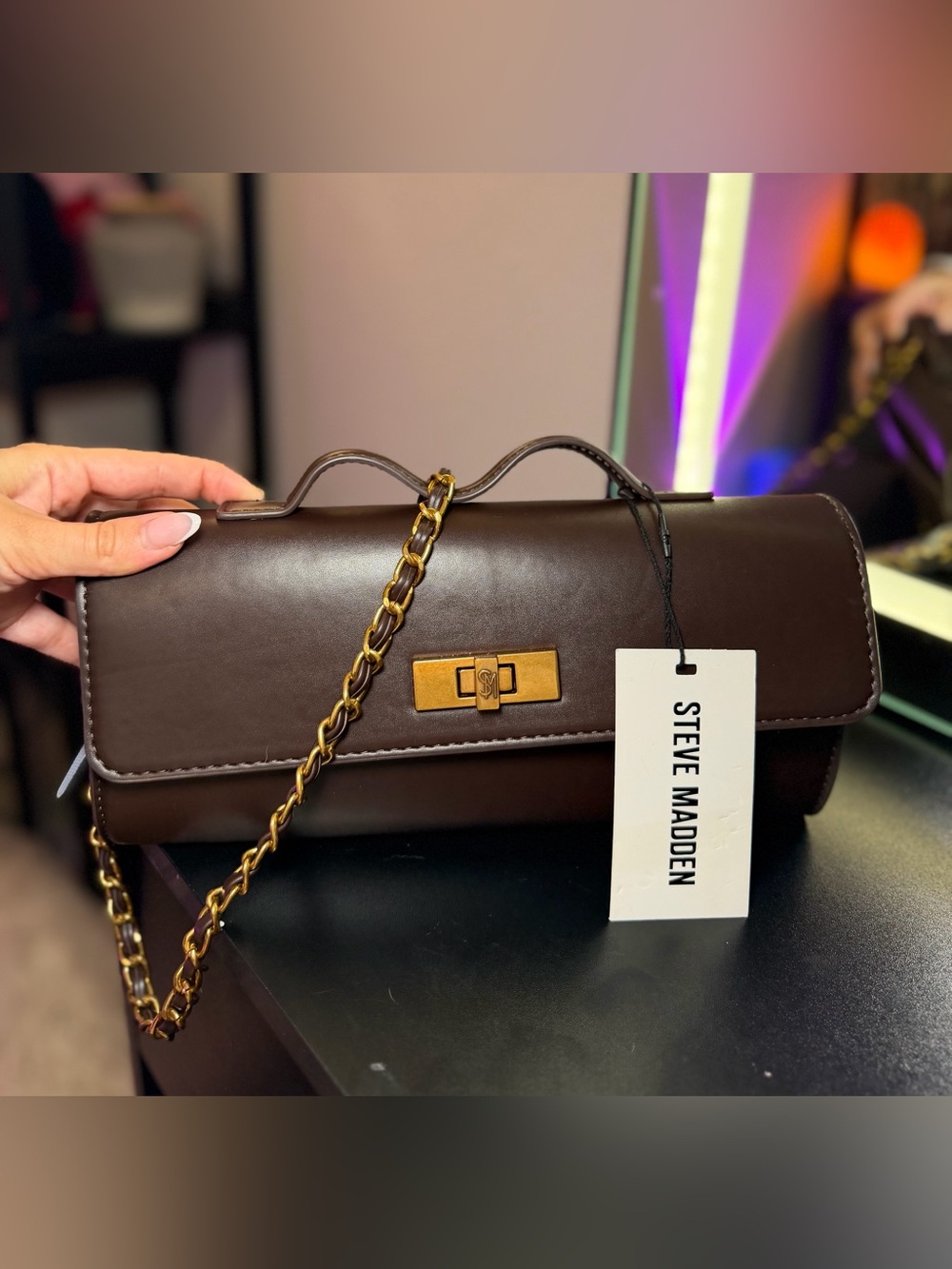 Steve Madden Dark Brown Leather Chain Strap Shoulder Bag with Gold Hardware